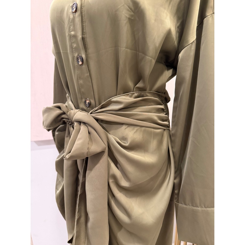 BTFBM Women Olive Green Satin Long Sleeve Button Down Tie Waist Midi Shirt Dress - Picture 2 of 6